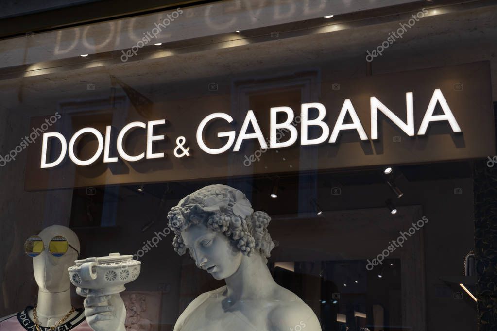 Rome, Italy - October 31, 2018: Dolce & Gabbana store sign. It is a luxury Italian fashion house founded in 1985 in Legnano by Italian designers Domenico Dolce and Stefano Gabbana