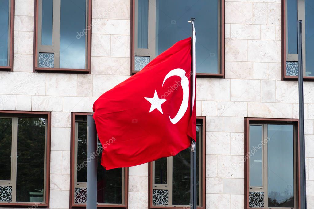 Turkish Flag waving outside the Embassy of Turkey in Berlin, Germany
