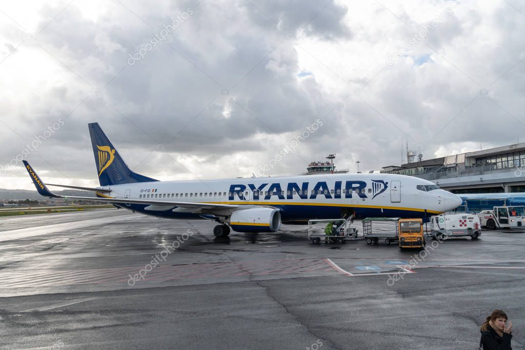 Rome, Italy - October 30, 2018: Ryanair airplane. Ryanair Ltd. is an Irish low-cost airline with its primary operational bases at Dublin and London Stansted Airports