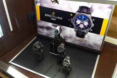 Verona, Italy - September 5, 2018: Breitling watch displayed in a store window. Breitling SA is a Swiss luxury watchmaker, known for precision-made chronometers designed for aviators clipart