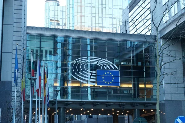 Bruselas Bélgica Diciembre 2018 Signo Símbolo Bandera Las Paredes Vidrio —  Fotos de Stock