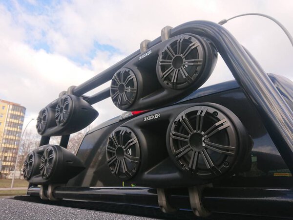 Berlin, Germany - February 12, 2019: Kicker car speakers. The American KICKER produces high-performance car audio, vehicle solutions, marine audio, home and personal audio and power sports products