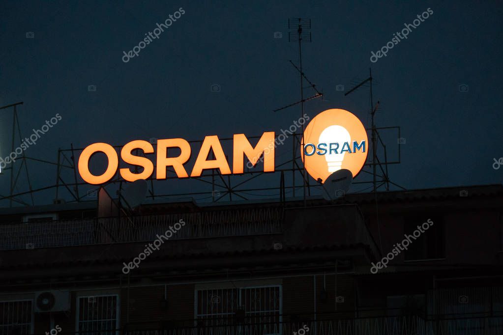 Rome, Italy - August 14, 2018: Osram company signage. OSRAM Licht AG is a multinational lighting manufacturer headquartered in Munich, Germany