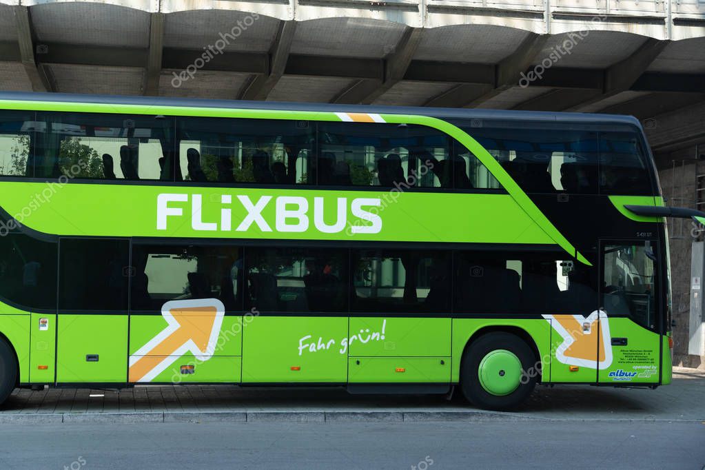 Munich, Germany - August 15, 2018: MeinFernbus FlixBus green bus. Low cost and comfortable bus travel to over 700 destinations with Germany's largest route network provider