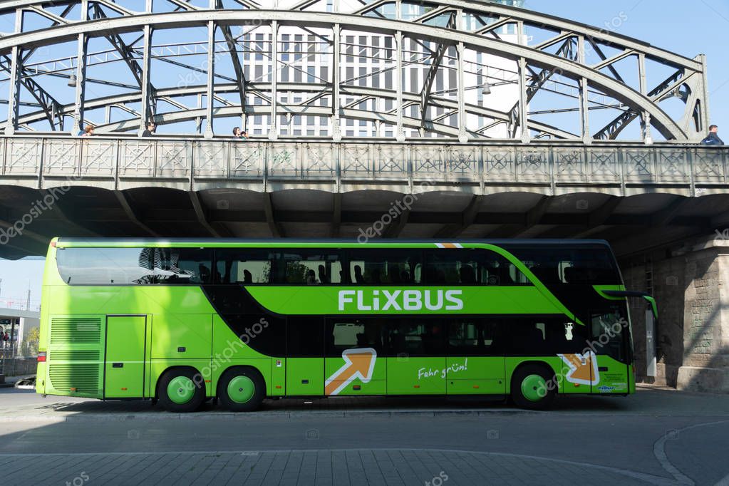 Munich, Germany - August 15, 2018: MeinFernbus FlixBus green bus. Low cost and comfortable bus travel to over 700 destinations with Germany's largest route network provider