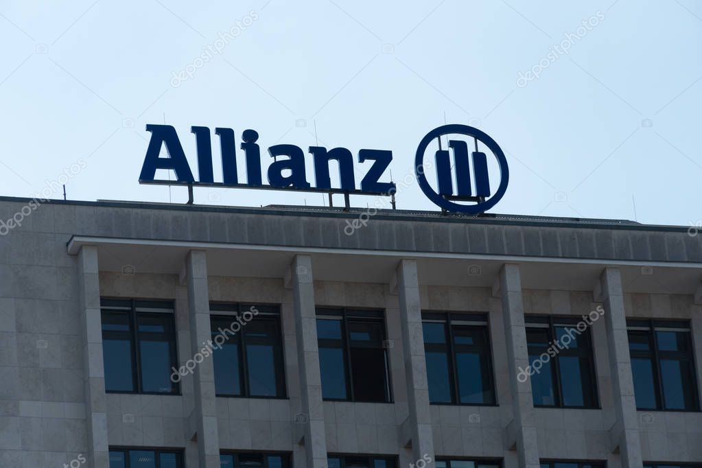 Berlin, Germany - August 16, 2018: Financial and insurance group Allianz signage. Founded in 1890 in Berlin, Allianz SE is now headquartered in Munich and is the largest German insurance company