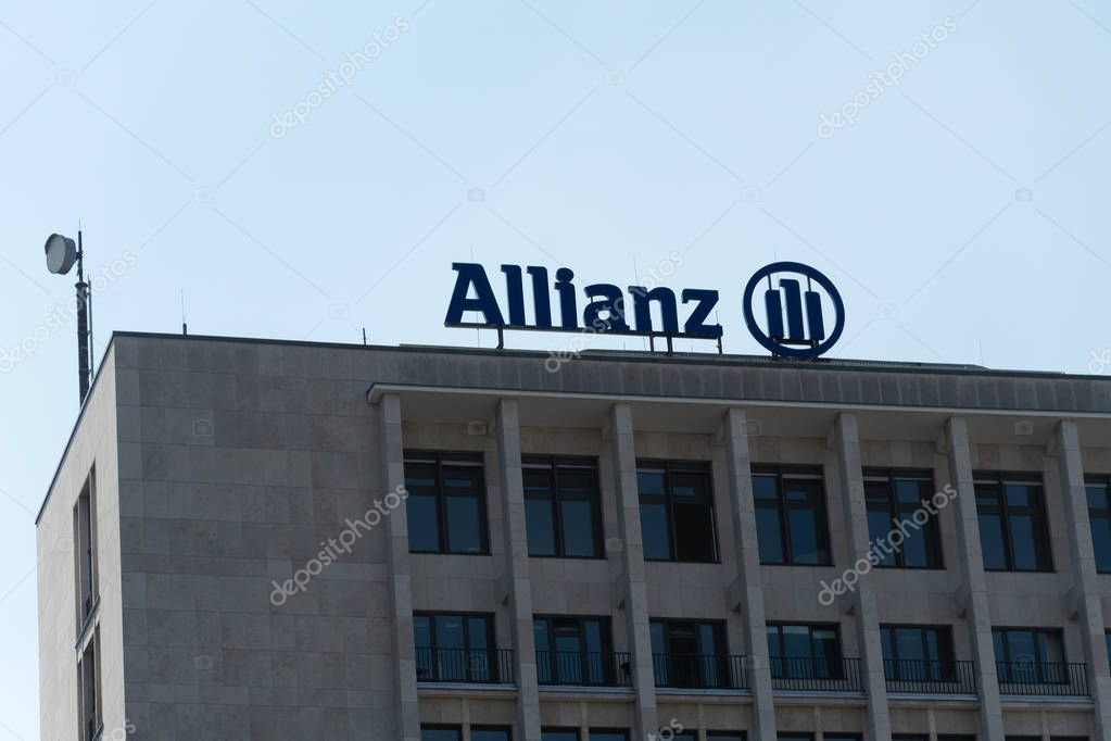 Berlin, Germany - August 16, 2018: Financial and insurance group Allianz signage. Founded in 1890 in Berlin, Allianz SE is now headquartered in Munich and is the largest German insurance company