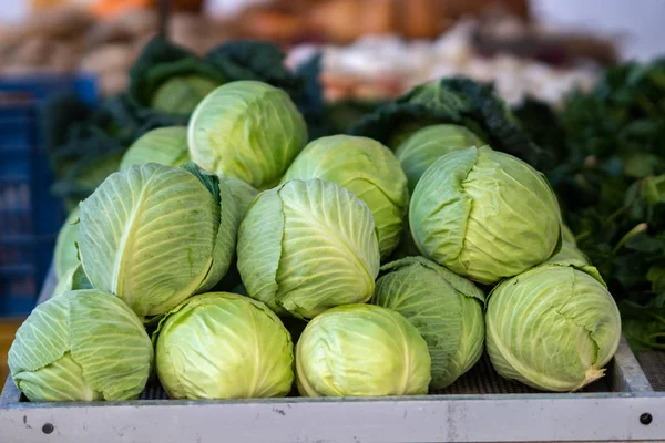 Zielona Kapusta Sprzedaż Stragan Farmera — Zdjęcie stockowe