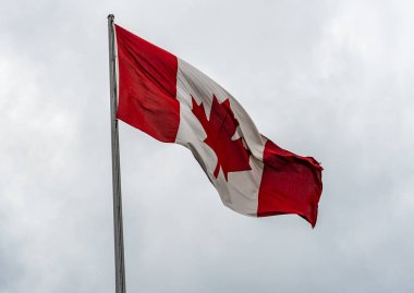 Bayrağı Kanada (veya Fransızca Le drapeau du Kanada) bulutlu gökyüzü karşı çırpınan