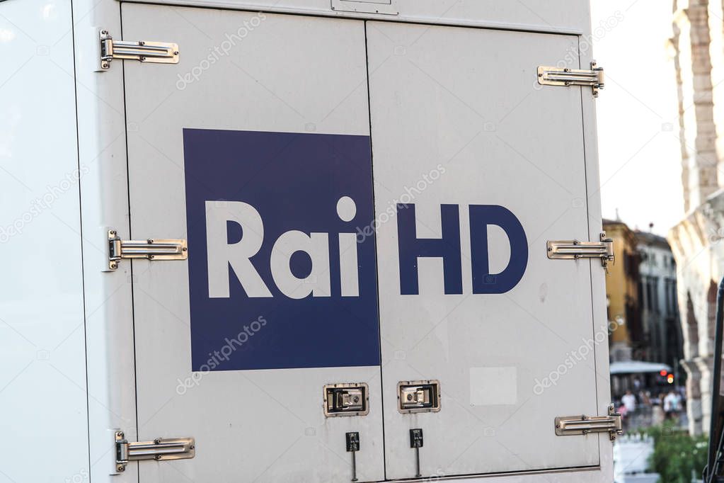 Verona, Italy - September 5, 2018: Italian Rai HD mobile power unit truck. Rai HD is the television offer of the Rai offering broadcasts in HD, both native and upscaled, and in 3D format