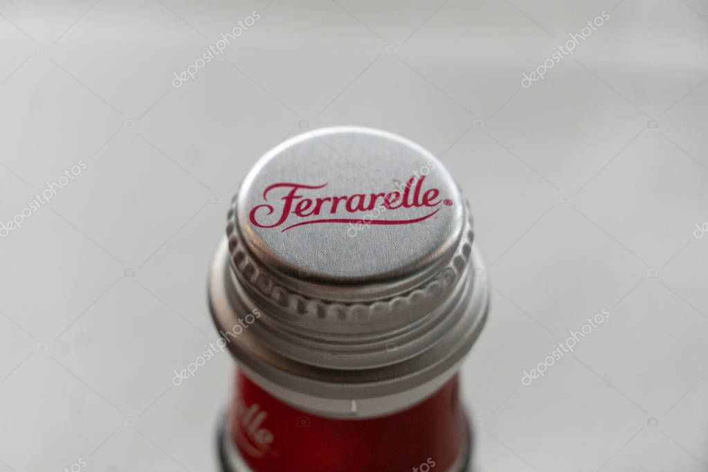 Rome, Italy - August 9, 2018: Ferrarelle sparkling water. Ferrarelle SpA is an Italian company operating in the bottling and distribution of mineral waters