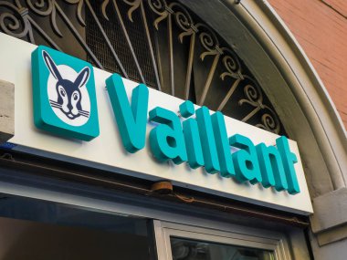 Rome, Italy - August 3, 2018: Vaillant authorized technical assistance center. The Vaillant Group is a German company that develops products for heating, cooling and hot water clipart