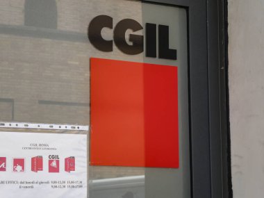 Rome, İtalya - 3 Ağustos 2018: Cgil tabela amblemi. İtalyan genel iş Ulusal ticaret İtalya'dayalı birliktir
