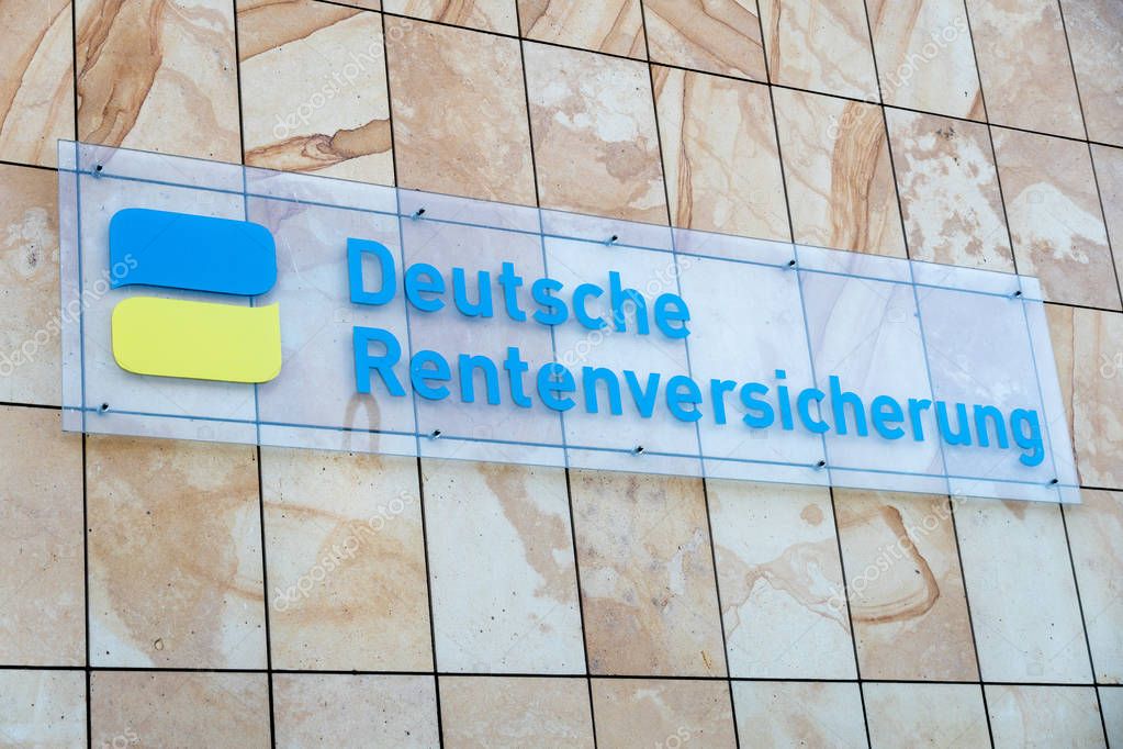 Berlin, Germany - April 20, 2019: Signage of the Deutsche Rentenversicherung, the German pension insurance corporation