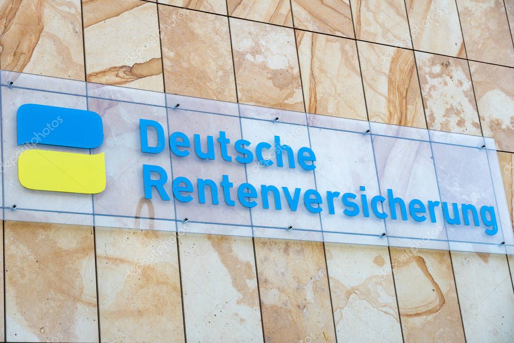 Berlin, Germany - April 20, 2019: Signage of the Deutsche Rentenversicherung, the German pension insurance corporation