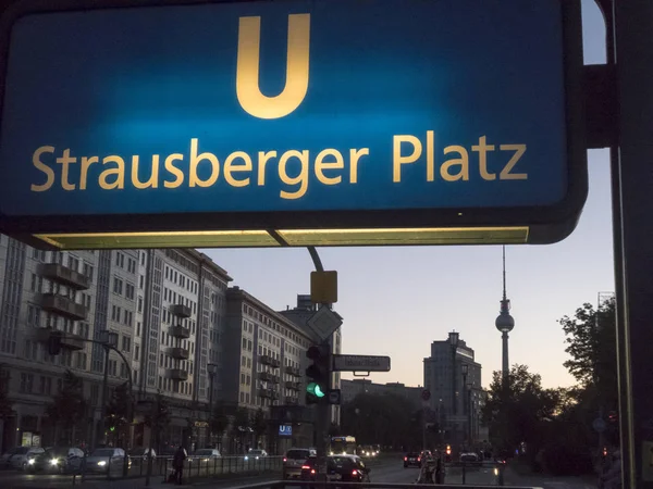 Berlin Germany May 2018 Signage Strausberger Platz Bahn Station Located — Stock Photo, Image