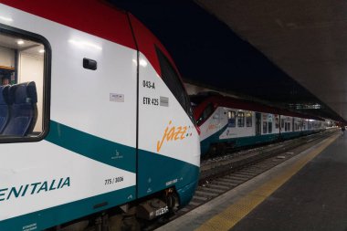 Roma, İtalya - 12 Ağustos 2018: Trenitalia treni istasyon raylarında bekliyor. İtalya'da birincil tren operatörü, Trenitalia Ferrovie dello Stato Italiane, kendisi İtalyan Hükümeti aittir