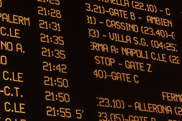 Electronic departures timetable display board showing train times at railway station