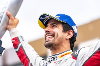 Berlin, Almanya - 25 Mayıs 2019: Brezilyalı profesyonel yarış pilotu Lucas Tucci di Grassi, E-Prix Abb Fia Formula E yarış otomobili Şampiyonası Ödül Töreni'nde podyuma çıktı