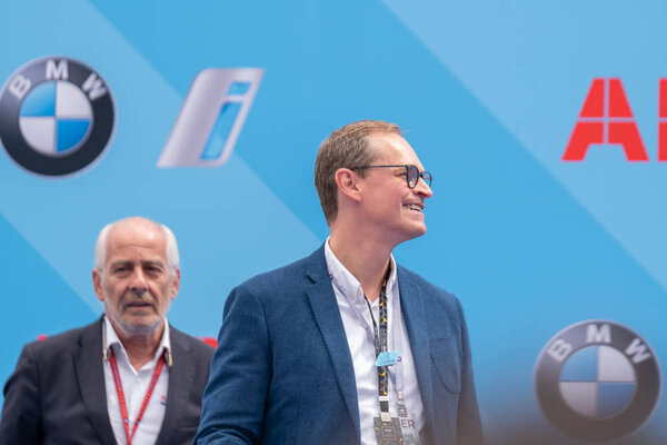 Berlin, Germany - May 25, 2019: Governing Mayor of Berlin Michael Mller on the podium at the E-Prix ABB FIA Formula E race car Championship Award Ceremony
