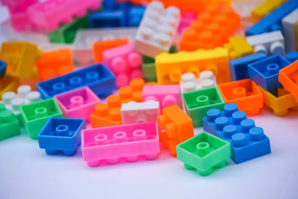 Multicoloured Plastic Construction Blocks Bricks Toy White Background — Stock Photo, Image