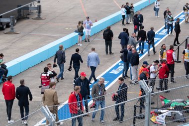 Berlin, Almanya - 25 Mayıs 2019: Fia Formula E E-prix yarış otomobili pisti. Fia Formula E Şampiyonası sadece tamamen elektrikli araba kullanarak, otomobil yarışı bir sınıftır