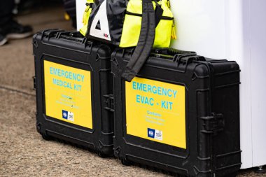 Berlin, Germany - May 25, 2019: Emergency Evac Kit provided by Fdration Internationale de l'Automobile (FIA, English: International Automobile Federation) to be used during Formula E Championship clipart