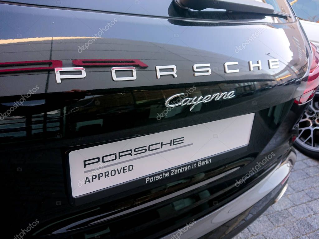 Berlin, Germany - February 24, 2019: Porsche Cayenne approved pre-owned car, detail