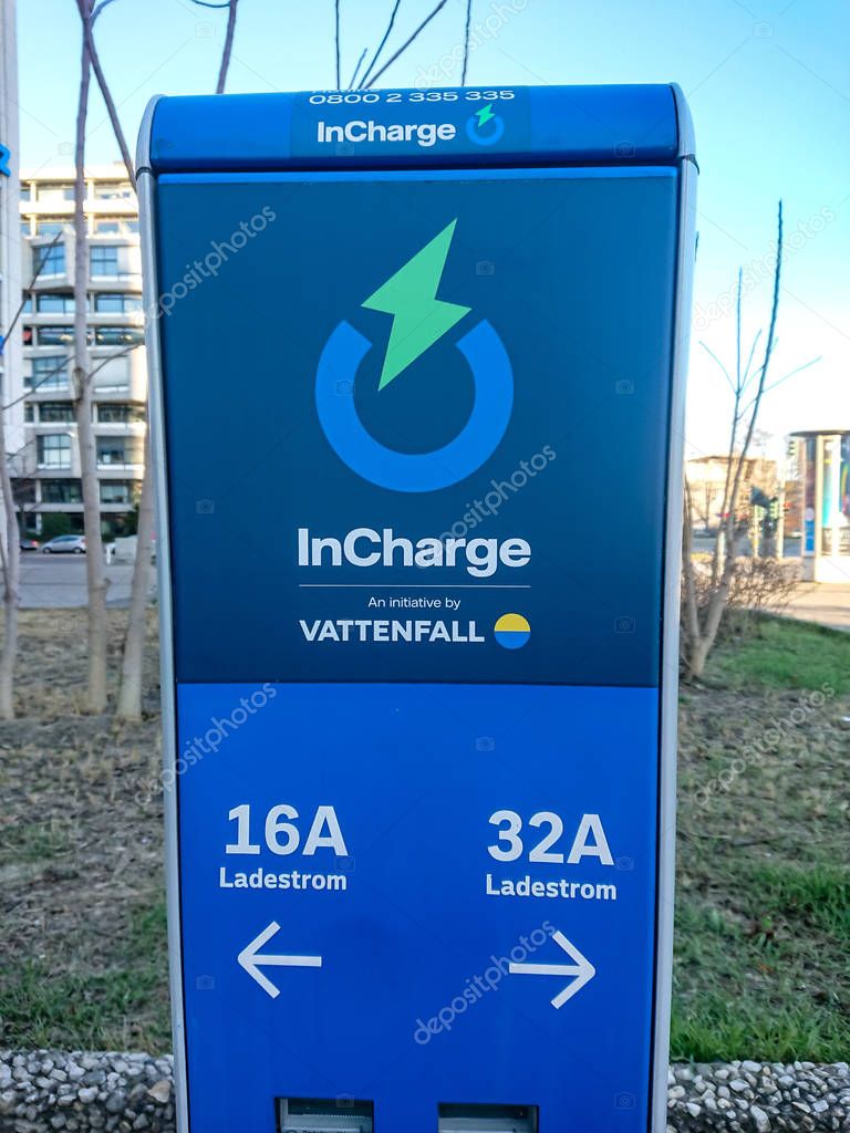 Berlin, Germany - February 24, 2019: InCharge electric vehicle charging station by Vattenfall, Swedish power company of electricity, heat, and gas