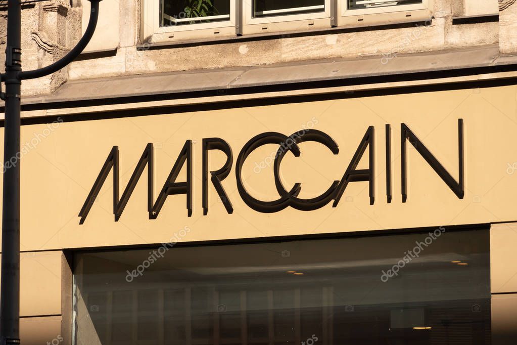 Berlin, Germany - June 8, 2019: Marc Cain store sign, globally operating premium brand for ladies' fashion