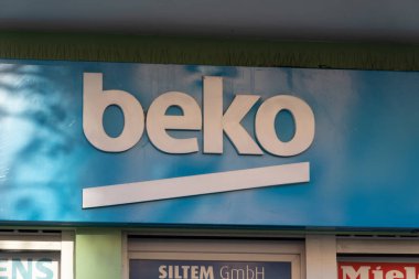 Berlin, Almanya - 18 Nisan 2019: Beko Tabelası, Türk ev aletleri ve tüketici elektroniği markası