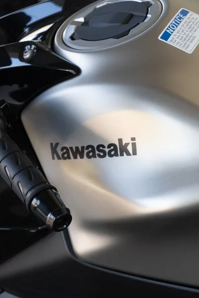 Berlin Allemagne Avril 2019 Logo Kawasaki Sur Moto Grise Kawasaki — Photo