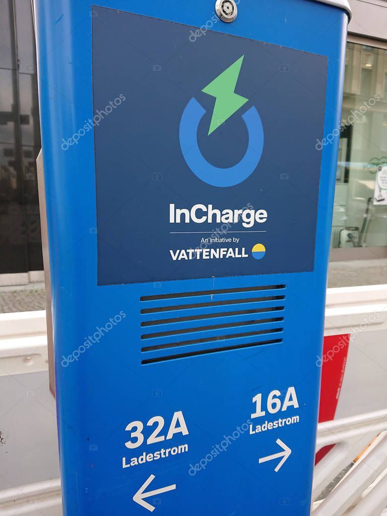 Berlin, Germany - April 28, 2019: InCharge electric vehicle charging station by Vattenfall, Swedish power company of electricity, heat, and gas