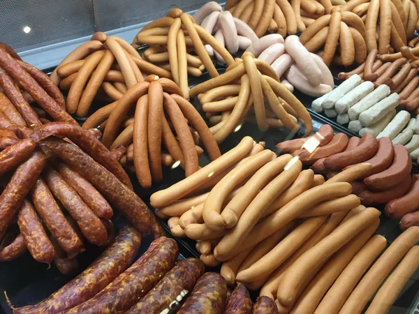 Raw Sausages Sale Butcher Shop Counter — Stock Photo, Image