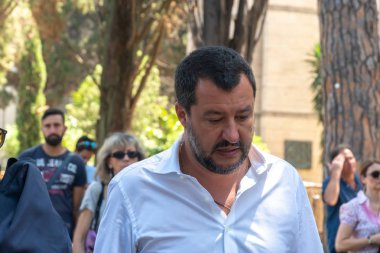Roma, Italya-17 Temmuz 2019: Matteo Salvini, Italya Başbakan Yardımcısı ve Haziran 2018 tarihinden beri Içişleri Bakanı. Ayrıca Aralık 2013 yılından bu yana Kuzey Ligi federal sekreteri olmuştur