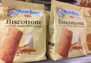 Roma, Italya-16 Ağustos 2018: Biscottone by Mulino Bianco (beyaz değirmen), Italyan gıda şirketi Barilla S. p. A tarafından kontrol edilen marka.