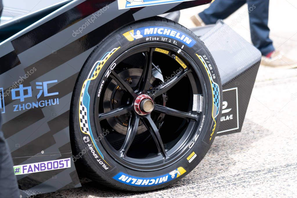 Berlin, Germany - May 25, 2019: Michelin racing car tires. French tire manufacturer, Michelin is one of the four largest tire manufacturers in the world