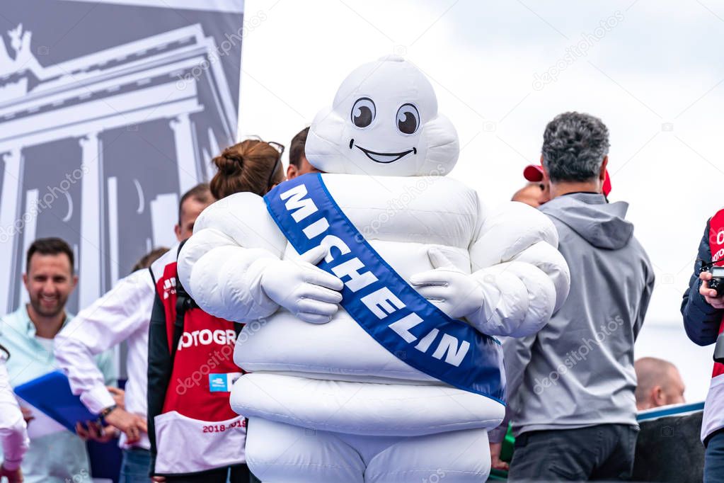 Berlin, Germany - May 25, 2019: Bibendum, commonly referred to in English as the Michelin Man or Michelin Tyre Man, is the official mascot of the Michelin tyre company