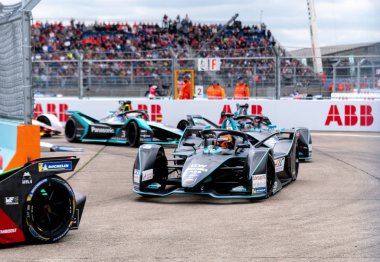 Berlin, Almanya - 25 Mayıs 2019: Fia Formula E E-prix yarış otomobili şampiyonası. Fia Formula E Şampiyonası sadece tamamen elektrikli araba kullanarak, otomobil yarışı bir sınıftır