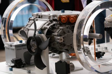 Berlin, Almanya - 25 Mayıs 2019: Fia Formula E yarış arabası motoru. Fia Formula E Şampiyonası sadece tamamen elektrikli arabalar kullanan bir otomobil yarışı türüdür.