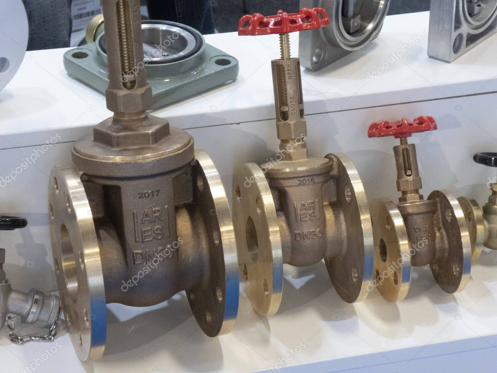 Berlin, Germany - June 19, 2018: Pipe flanged gate valves by the Turkish company Ares Trafo, manufacturer producing accessories and bushings for power and distribution transformers