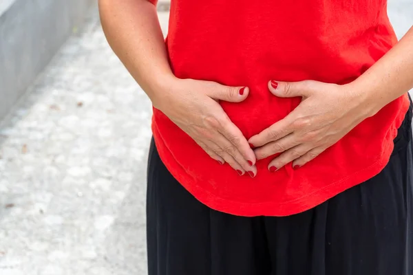 Embarazo Dolor Estómago Mujer Con Dolor Menstrual Abdominal —  Fotos de Stock