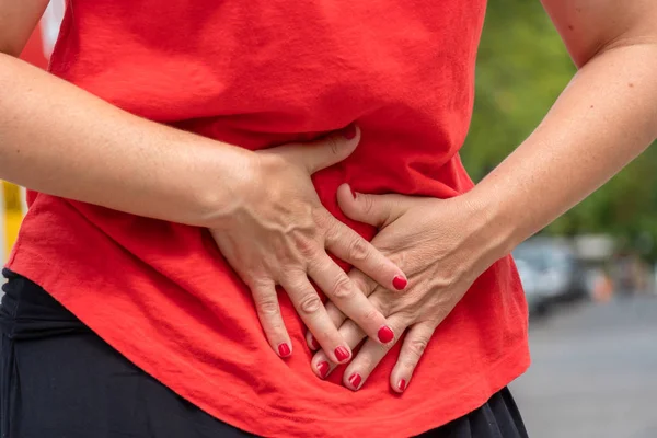 Embarazo Dolor Estómago Mujer Con Dolor Menstrual Abdominal —  Fotos de Stock