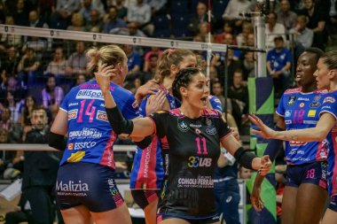 Berlin, Almanya - 21 Mayıs 2019: Voleybol oyuncusu Stefania Sansonna, İtalyan bayan kulübü Igor Gorgonzola Novara, AGIL Volley 'nin bir parçası, CEV Şampiyonlar Ligi Volley 2019 Süper Finali sırasında