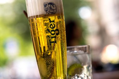 Berlin, Almanya - 2 Haziran 2020: Kaplan Birası bardağı ve geleneksel Küba viskisi Mojito Kokteyli