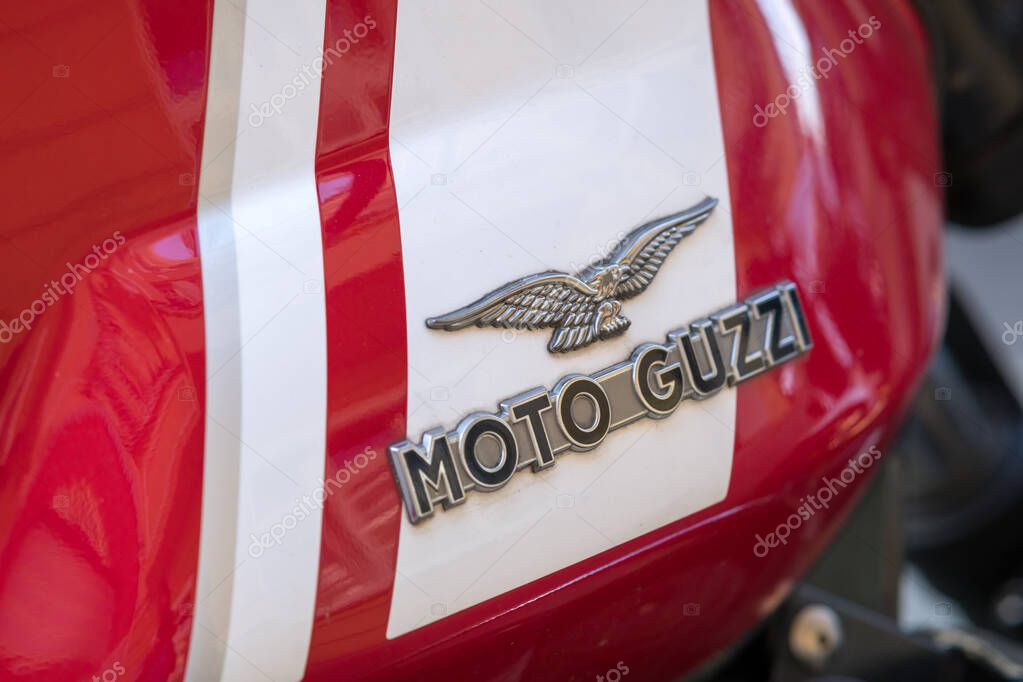 Berlin, Germany - June 15, 2020: Moto Guzzi motorcycle. Established in 1921, Moto Guzzi is an Italian motorcycle manufacturer and the oldest European manufacturer in continuous motorcycle production