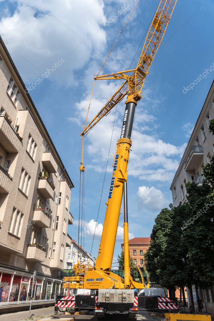 Berlin, Germany - June 17, 2020: Mobi-Hub truck crane, wheeled mobile construction vehicle