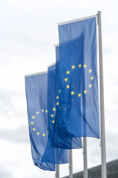 Vlajky Evropské Unie Vlnící Proti Zatažené Obloze — Stock fotografie