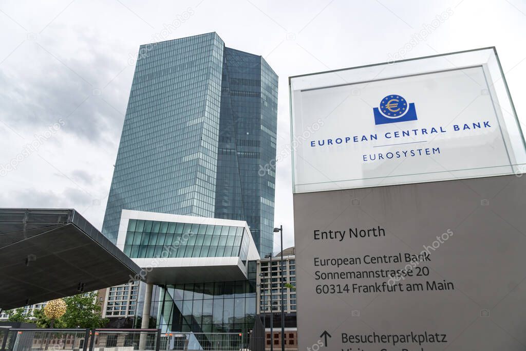 Frankfurt am Main, Germany - June 28, 2020: Seat of the European Central Bank ECB located in Ostend, Frankfurt