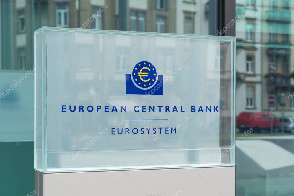 Frankfurt am Main, Germany - June 28, 2020: Banner of the European Central Bank ECB located in Ostend